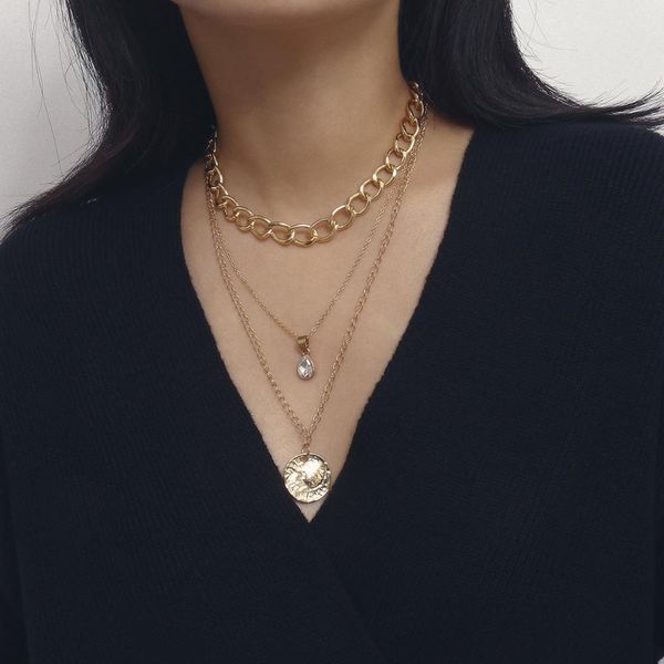 

glass multi-layer coin necklace with thick and thick chain women, sweater, Silver