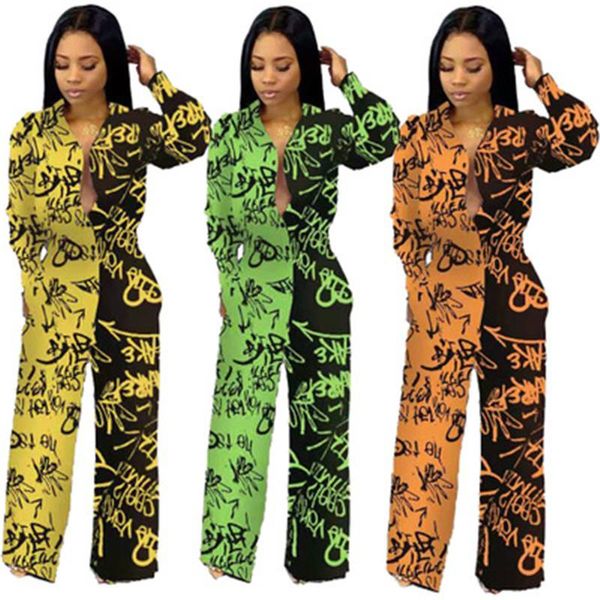 Ladeis graffiti letra macacão moda tendência sexy manga longa cardigan calças jumpsuits designer feminino novo reto solto esportivo macacão