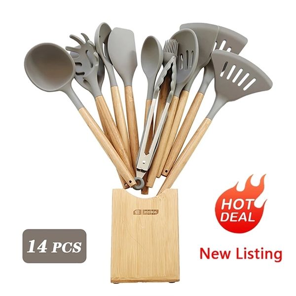 11-14 pcs Silicone Cozinha Utensílios Definidos Bambu Lidar com Grande Colher Spatula Set Kitchen Acessórios Cozinhar Utensílios Ferramentas de Cozinha 201223