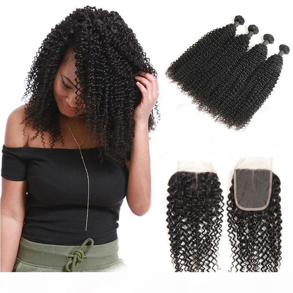 

brazilian kinky curly human hair weaves with 4x4 lace frontal ear to ear full head natural color unprocessed human hair, Black;brown