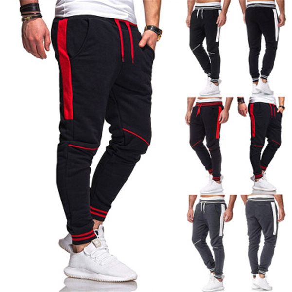 

mens splicing fitness sweatpants fashion trend zipper drawstring running long pants spring male multiple pockets casual skinny trousers, Black