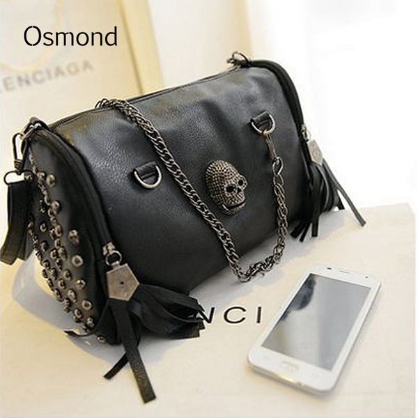 

2020 women skull bag tassel rivet shoulder bags studded handbag motorcycle crossbody bolsa lady vintage punk bags black large