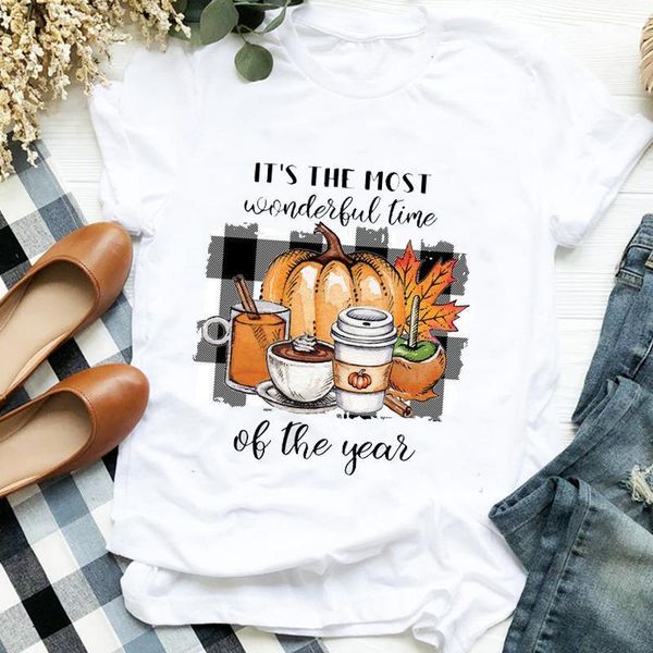 

women lady pumpkin plaid coffee trend thanksgiving halloween print tshirt female t tee womens shirt clothes graphic t-shirt, White