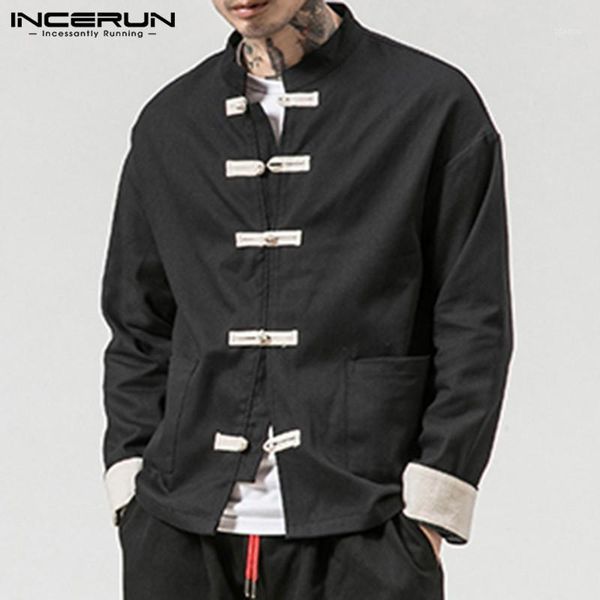 

incerun chinese style mens shirts button up solid casual stand collar long sleeve elegant shirt men vintage streetwear 20201, White;black