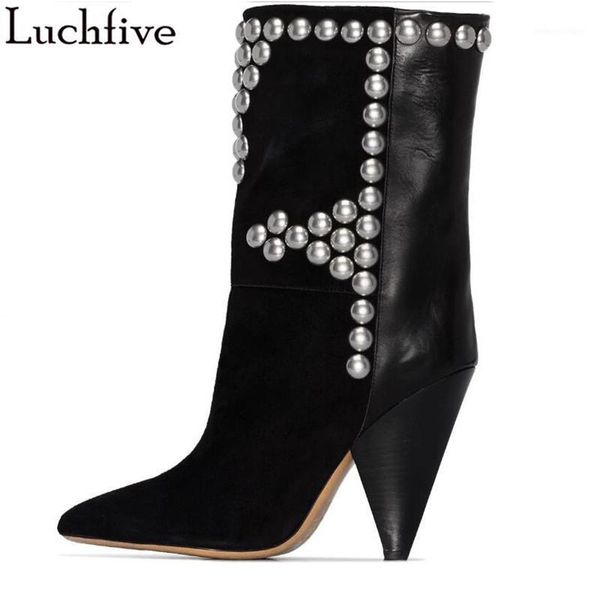 

boots studded rivets women's spike high heels shoes woman pointy toe leather femme slip on black botas mujer1