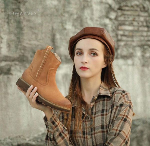 

boots dwarves women's handmade leather ankle short brown/black side zipper