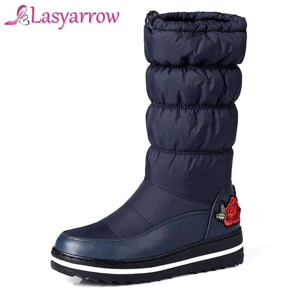 

lasyarrow winter women boots platform down waterproof keep warm ladies snow boots black blue elastic mid calf plus size 44