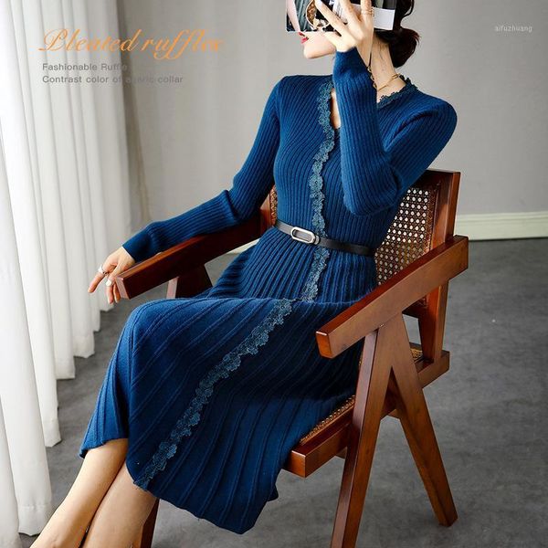 

women autumn winter wool knitted dresses blue embroideroy floral long sleeve party bodycon robe femme hiver 2021 dress1, Black;gray