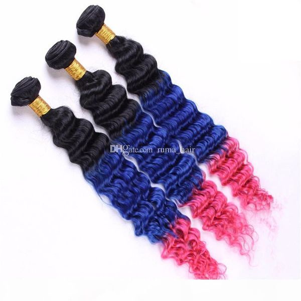 

brazilian virgin hair bundles 1b blue pink three tone remy human hair weaves 3pcs lot 10-30 inch deep wave hair, Black;brown