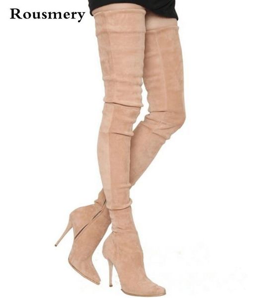 

boots women's thigh high black grey beige elastic thin heels over the knee pointed stretch long