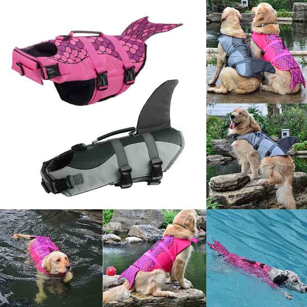 Pet Dog Natação Jaqueta de Vida Tubarão Forma Forma Bóia Auxílio Fantasia Moda Pets Outdoor Nadar Oxford Pano Roupas com Lo 201109