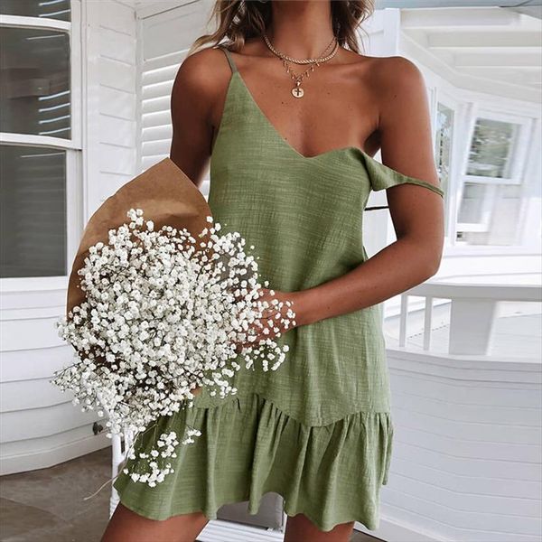 

spaghetti strap ruffle dress women summer dress 2020 cotton linen vestidos shift green dresses off shoulder mini sundress, Black;gray