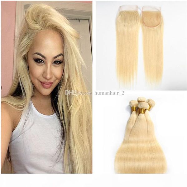 

613 blonde lace closure with bundles 3 pcs brazilian virgin hair with closure platinum blonde straight human hair with 4*4 lace closure, Black;brown