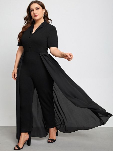 

plus lapel collar solid jumpsuit with skirt f50s#, Black