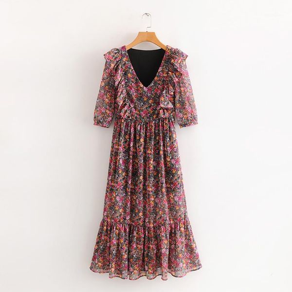 

women long dress spring 2020 new fashion vintage floral chiffon dresses ankle length feminino vestidos1, Black;gray