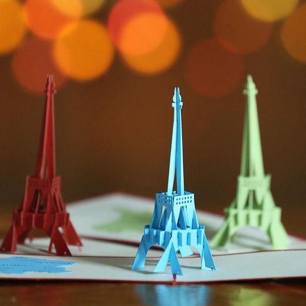

3d лазерная резка ручная резьба 3 цвета эйфелева башня бумаги приглашение поздравительные открытки открытка дети birthday party творческий п