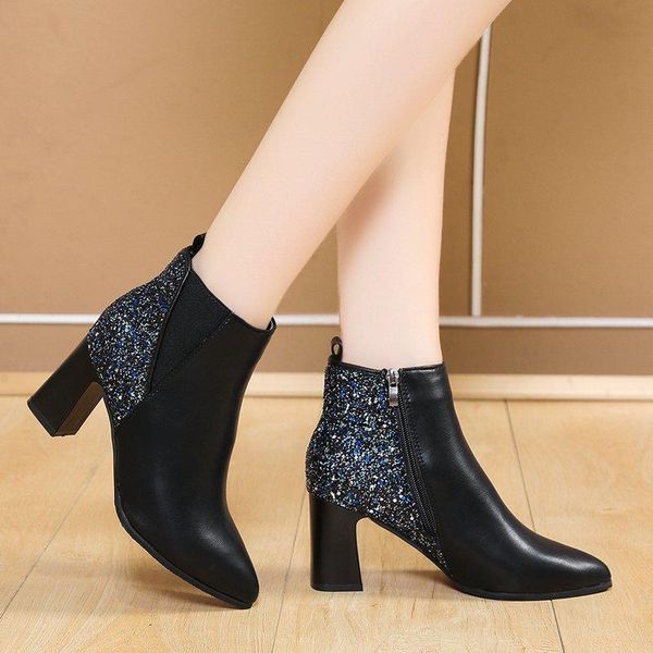 

women ankle boots bling dress shoes high heels booties pointed toe pumps 2020 winter ladies shoes botas mujer plus size 41 8677n, Black