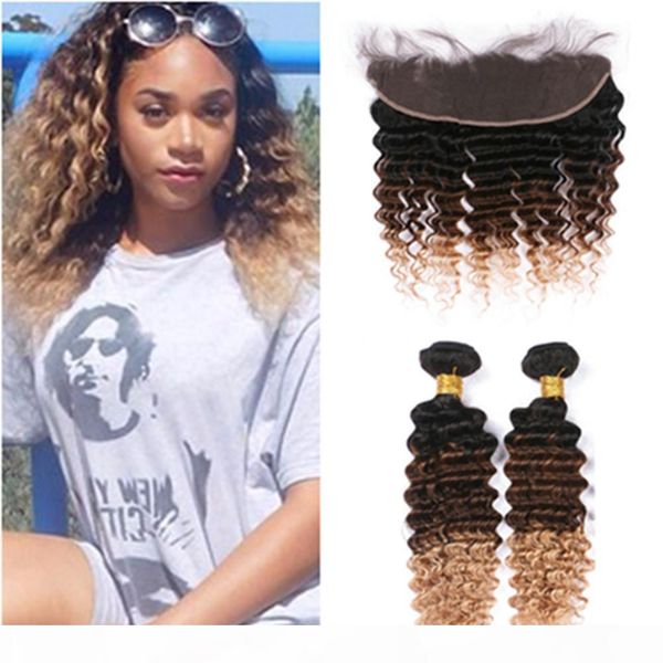 

malaysian 3tone ombre human hair wefts with frontal 2bundles deep wave 1b 4 27 honey blonde ombre weaves with 13x4 lace frontal closure, Black;brown