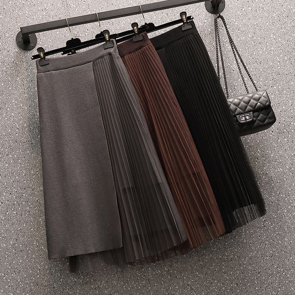 

willstage l- 4xl pleated skirt plus size winter knitting women's skirt oversize mesh patchwork christmas skirts for new year y1214, Black