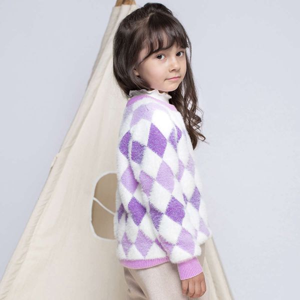 

autumn and winter 2020 new purple white double diamond girls' wear imitation mink children's sweater, Blue
