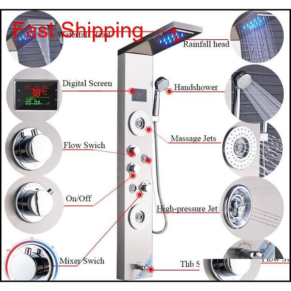 

brushed nickel stainless steel 5-function waterfall led rain shower panel w/massage system tub spout w/ handsho jlluge bdefight