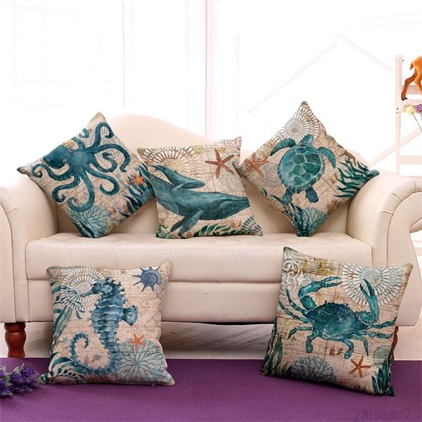 

ocs cotton linen cushion cover marine ocean animal pattern pillow case home sofa bedroom decorative supplies