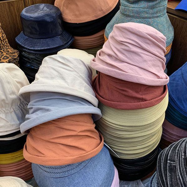 

cotton and hemp pleated straight tube show face small quality sunshade bucket female literary temperament light basin hat, Blue;gray