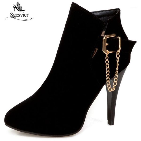 

boots sgesvier women high heels ankle short plush pointed toe motorcycle fashion winter plus size 31-50 ox4831, Black