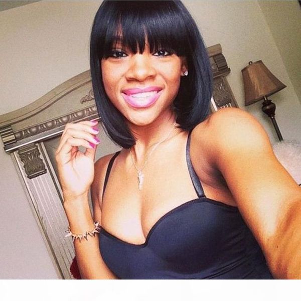 

10"12"14"straight human hair bob wigs with bangs virgin brazilian full lace wigs for black women, Black;brown