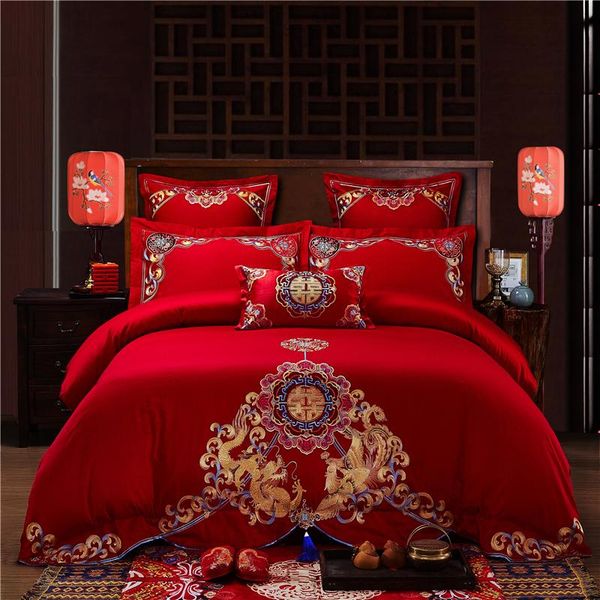 

luxury 100% cotton chinese colourful dragon phoenix wedding bedding set embroidery duvet cover bed sheet  king 4/6/7pc size