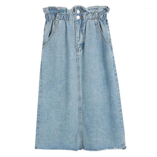

high waist denim skirts women 2020 korean fashion summer button pockets blue a-line jean skirt style saia jeans1, Black