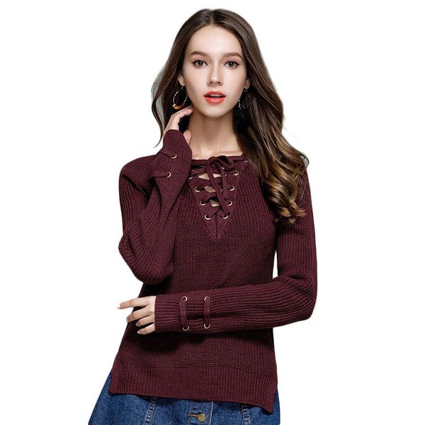 

women's sweaters whzhm winter lace up sweater women long sleeve pullover female basic casual loose bandage jumper yh-0607135, White;black