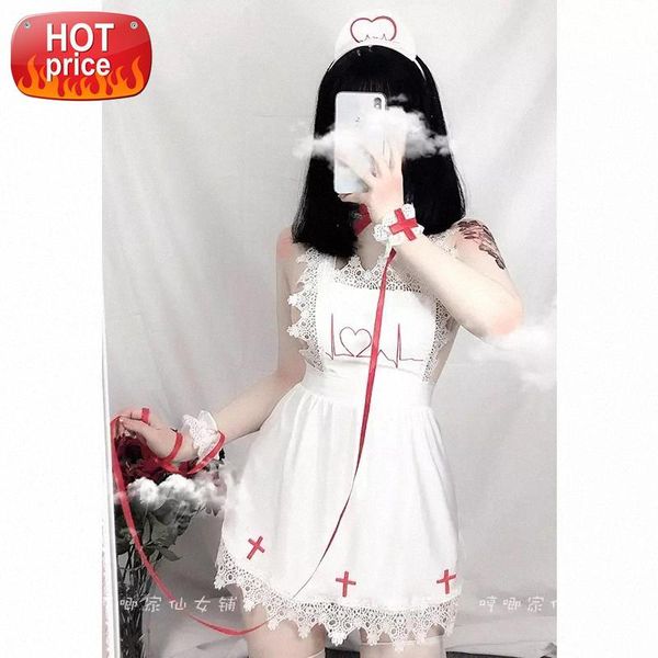 

japanese erotic cosplay nurse costumes ruffles backless pajamas mini bodycon dress hat briefs babydoll lace sleepwear set #xe2q, Black;white