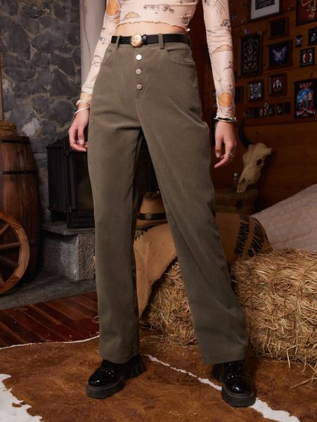 

romwe solid button fly corduroy pants without belt r559#, Black;white