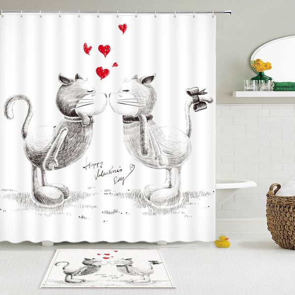 

2pcs / set sketch кошки любовь душ шторы setcute cartoon высокого качества ванны занавес полиэстер ткань водонепроницаемый home decor mat