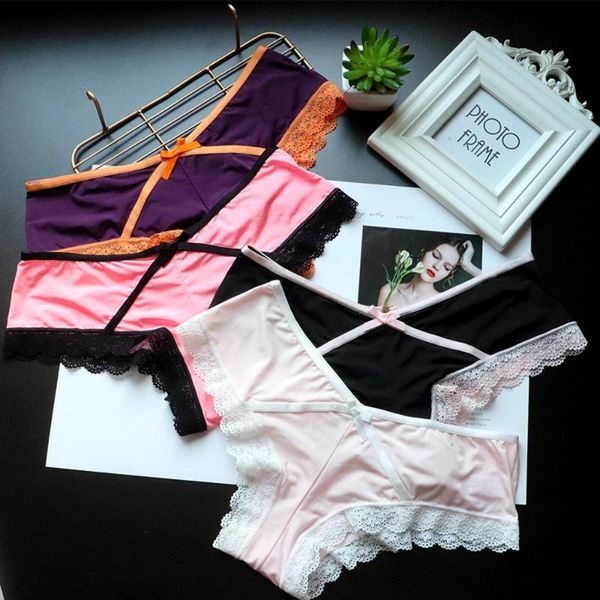 

women's panties lace edge ladies ice silk seamless girly underwear ultra-thin cute bowknot hollow low waist briefs women, Black;pink