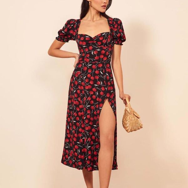 

summer women dress casual printing slim dress fruit vestidos1, Black;gray