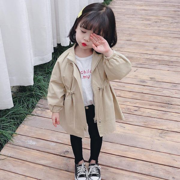 

new style girl's coat mid-length solid color waist hugging washed cotton trench coat children western style spring clothing, Blue;gray