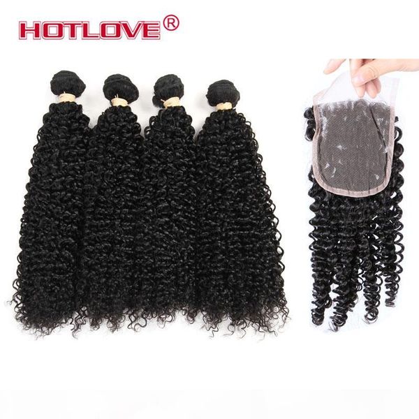 

remy human hair 4 bundles with 4 *4 lace closure 8-28 inch brazilian kinly curly human hair ove hair, Black