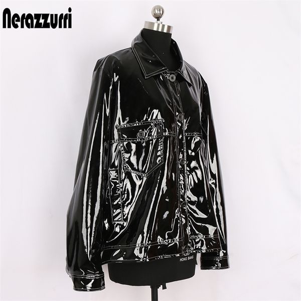 

nerazzurri black loose patent leather jacket with many pockets long sleeve buttons plus size faux leather jackets women 5xl 6xl 201223