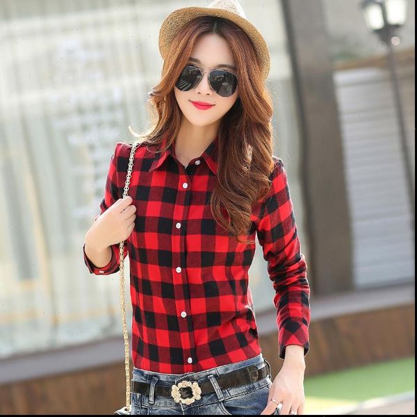 

2021 new brand women blouses long sleeve shirts cotton red and black flannel plaid shirt casual female plus size blouse, White