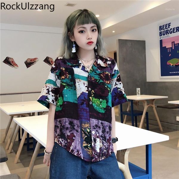 

summer short sleeve button outfit women blouse korean streetwear harajuku shirt graffiti graphic contrast print tee1, White