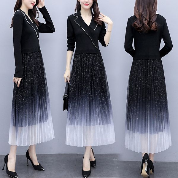 

2020 pin dress new women's spring pin bead color contrast stitching slim fashion dress light familiar m5beo, Black;gray