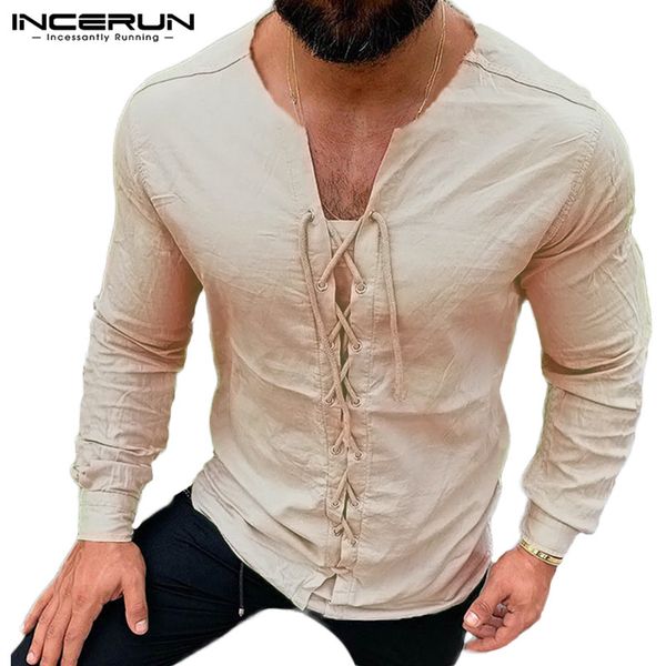 

men t shirt vintage v neck lace up solid color streetwear casual retro breathable long sleeve t-shirt s-5xl kg-210, White;black