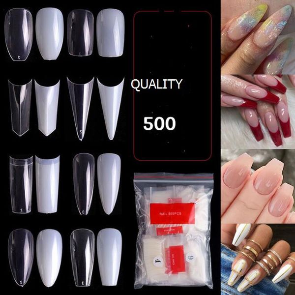 MEILLEUR 500pcs / pack Naturel Clair Faux Acrylique Ongles Conseils Plein / Demi Couverture Conseils Français Cercueil Pointu Ballerine Faux Ongles UV Gel Manucure Outils