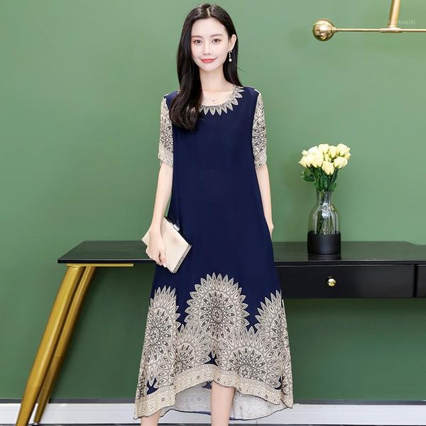 

plus size women long dress elegant 2020 summer clothes for women loose casual ankle-length vintage print summer party dresses1, Black;gray