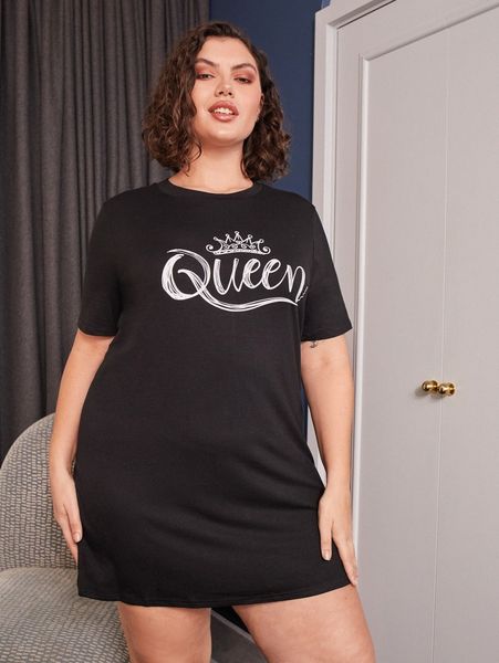 

plus letter & crown print night dress l8nh#, Black;white