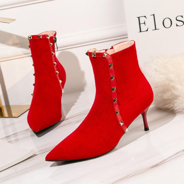 

women high heels shoes pointed toe ankle boots ladies autumn winter black red stiletto rivet punk martin boots botines mujer