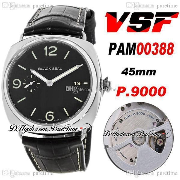

vsf 45mm vs388 p.9000 p9000 automatic mens watch steel case black dial vs00388 edition black leather with white line 2020 ptpm puretime, Slivery;brown