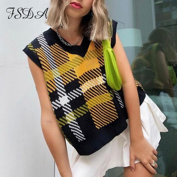 

fsda плед без рукавов 2020 жилет женщин v шеи черный осень зима вязаный свитер свободно негабаритный пуловер повседневная джемпер мода jllno, White;black